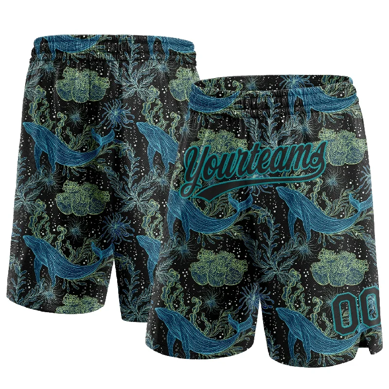 Men's basketball shorts moisture-rugged -Custom Black Black-Teal 3D Pattern Whale And Fish Authentic Basketball Shorts