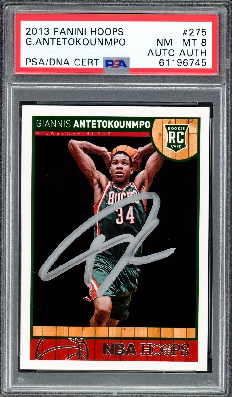 Men's basketball card durable quality -Giannis Antetokounmpo Autographed 2013 Panini Hoops Rookie Card #275 Milwaukee Bucks PSA 8 PSA/DNA #61196745