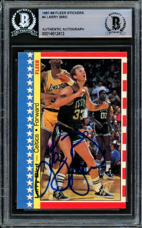 Men's basketball card player assortment -Larry Bird Autographed 1987-88 Fleer Sticker Card #4 Boston Celtics Beckett BAS #14612413