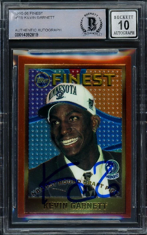 Men's basketball card sports memorabilia -Kevin Garnett Autographed 1995-96 Topps Finest Rookie Card #115 Minnesota Timberwolves Auto Grade Gem Mint 10 Beckett BAS #14392819