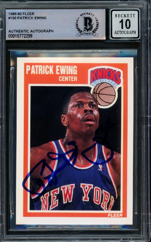 Men's basketball card team colors -Patrick Ewing Autographed 1989-90 Fleer Card #100 New York Knicks Auto Grade Gem Mint 10 Beckett BAS #15772299