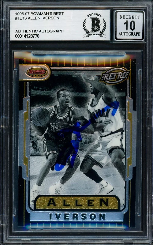 Men's basketball card premium quality -Allen Iverson Autographed 1996-97 Bowman's Best Retro Rookie Card #TB13 Philadelphia 76ers Auto Grade Gem Mint 10 Beckett BAS #14128770