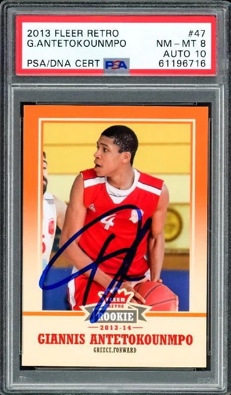 Men's basketball card quick delivery -Giannis Antetokounmpo Autographed 2013 Fleer Retro Rookie Card #47 Milwaukee Bucks PSA 8 Auto Grade Gem Mint 10 PSA/DNA #61196716