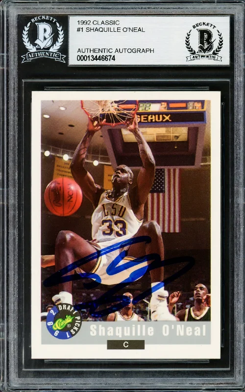 Men's basketball card bold graphics -Shaquille Shaq O'Neal Autographed 1992 Classic Rookie Card #1 LSU Tigers Beckett BAS Stock #211214