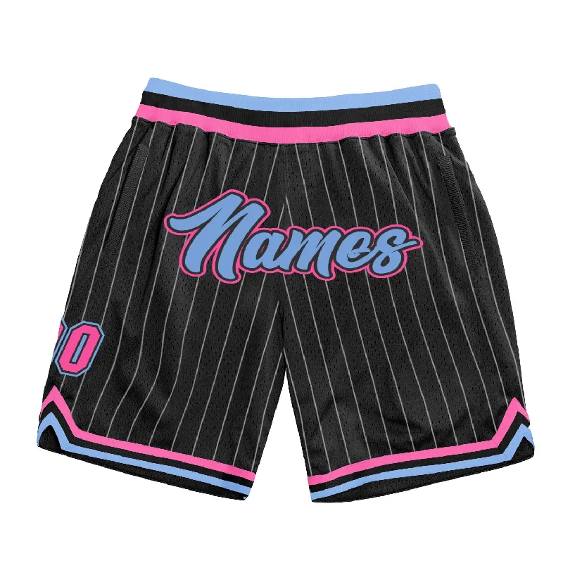 Men's basketball shorts stretch-elite -Custom Black White Pinstripe Light Blue-Pink Authentic Basketball Shorts