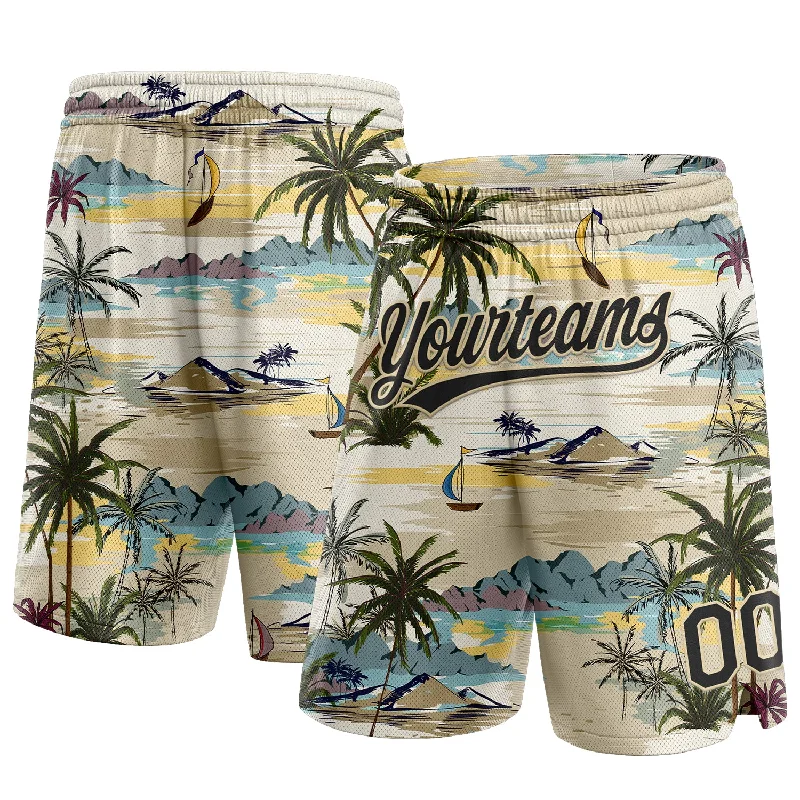 Men's basketball shorts dynamic-fit -Custom Cream Black 3D Pattern Hawaii Palm Trees And Island Authentic Basketball Shorts