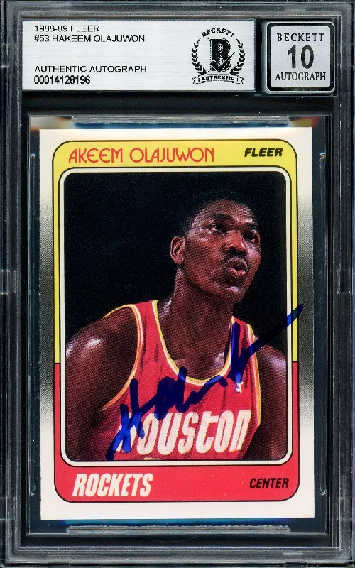 Men's basketball card lightweight series -Hakeem Olajuwon Autographed 1988-89 Fleer Card #53 Houston Rockets Auto Grade Gem Mint 10 Beckett BAS Stock #205736