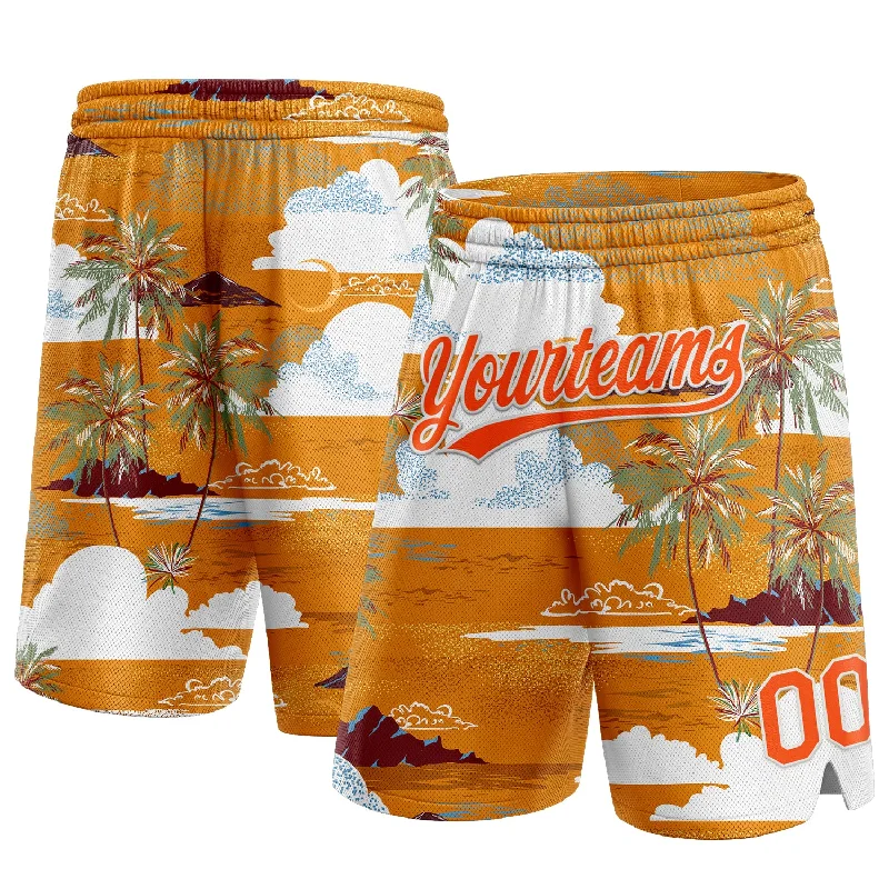 Men's basketball shorts elite-urban -Custom Orange White 3D Pattern Palm Trees And Clouds Authentic Basketball Shorts