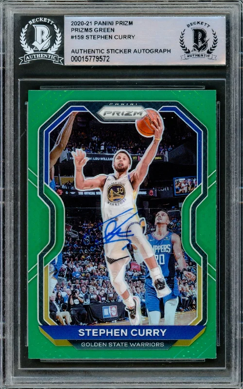 Men's basketball card squad cards -Stephen Curry Autographed 2020-21 Panini Prizm Green Prizms Card #159 Golden State Warriors Beckett BAS Stock #216856