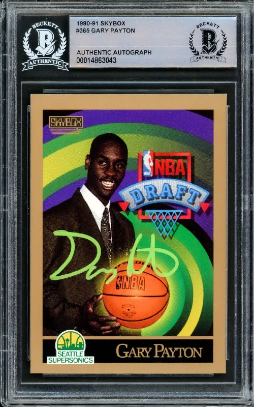 Men's basketball card player lineup -Gary Payton Autographed 1990-91 Skybox Rookie Card #365 Seattle Supersonics Beckett BAS Stock #209778