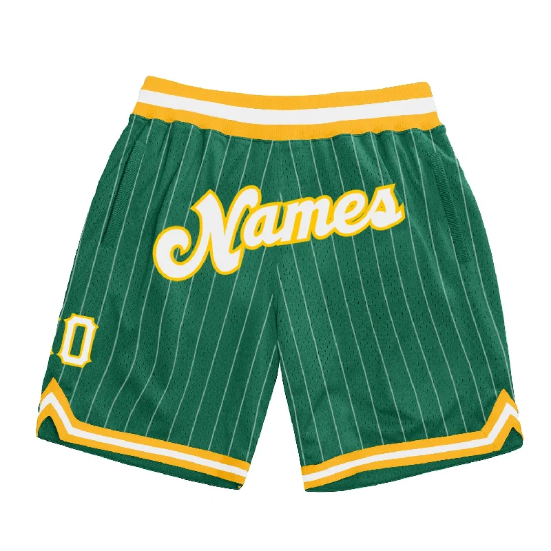 Men's basketball shorts street-style -Custom Kelly Green White Pinstripe White-Gold Authentic Basketball Shorts