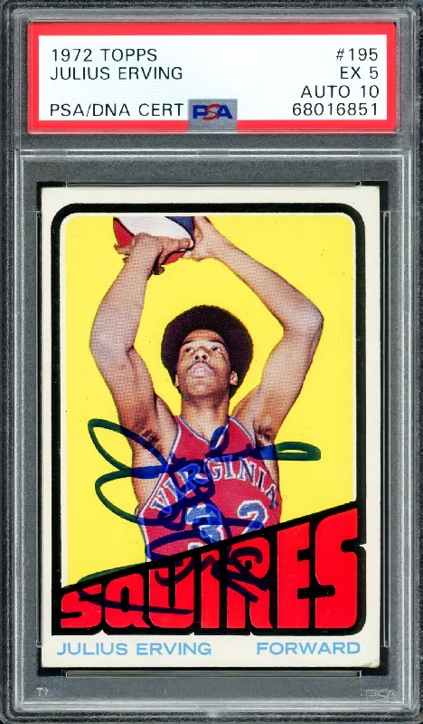 Men's basketball card branded logo -Julius Erving Autographed 1972-73 Topps Rookie Card #195 Philadelphia 76ers PSA 5 Auto Grade Gem Mint 10 PSA/DNA #68016851