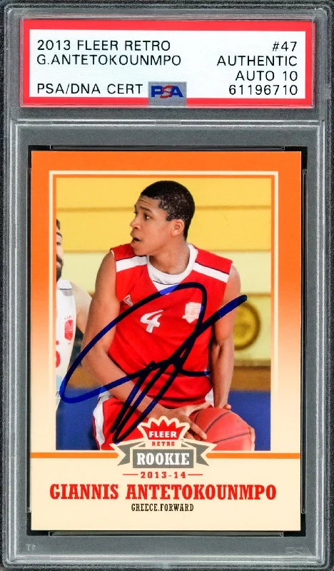 Men's basketball card design style -Giannis Antetokounmpo Autographed 2013 Fleer Retro Rookie Card #47 Milwaukee Bucks Auto Grade Gem Mint 10 PSA/DNA #61196710