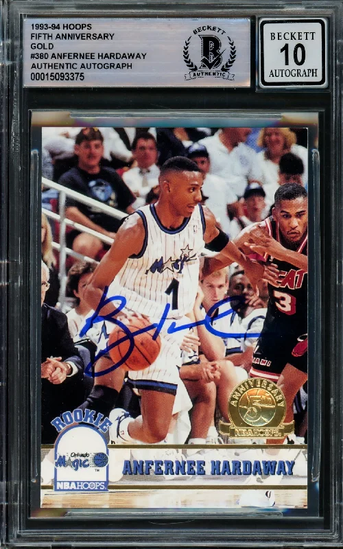 Men's basketball card rare autograph -Anfernee Hardaway Autographed 1993-94 Hoops Gold Rookie Card #380 Orlando Magic Auto Grade Gem Mint 10 Beckett BAS #15093375