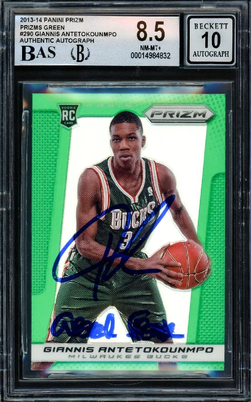 Men's basketball card stylish series -Giannis Antetokounmpo Autographed 2013-14 Panini Prizm Green Rookie Card #290 Milwaukee Bucks BGS 8.5 Auto Grade Gem Mint 10 "Greek Freak" Beckett BAS #14984832