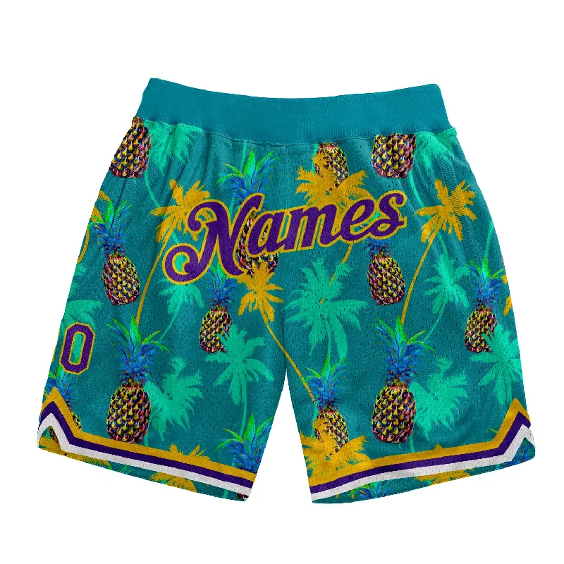 Men's basketball shorts lightweight-bold -Custom Kelly Green Purple-Gold 3D Pattern Design Palm Trees Pineapples Authentic Basketball Shorts