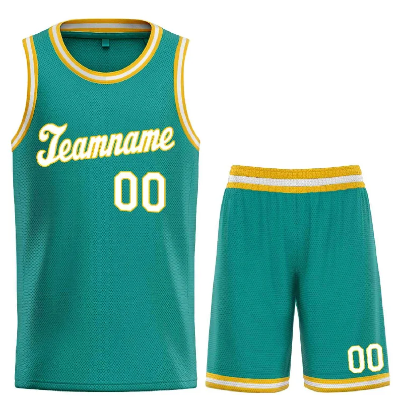 Men's basketball uniform team ensemble -Custom Teal White-Yellow Classic Sets Sports Uniform Basketball Jersey