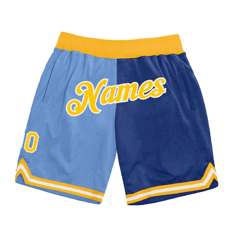 Men's basketball shorts sweat-bold -Custom Light Blue Gold-Royal Authentic Throwback Split Fashion Basketball Shorts