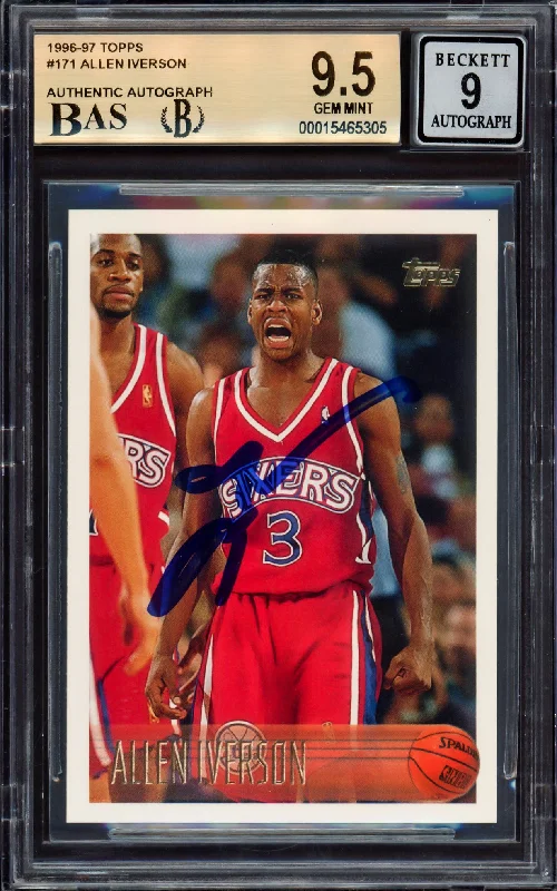 Men's basketball card custom special -Allen Iverson Autographed 1996-97 Topps Rookie Card #171 Philadelphia 76ers BGS 9.5 Auto Grade Mint 9 Beckett BAS #15465305