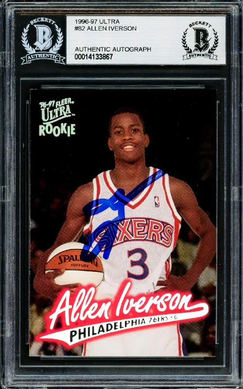 Men's basketball card player lineup -Allen Iverson Autographed 1996-97 Fleer Ultra Rookie Card #82 Philadelphia 76ers Beckett BAS Stock #203717