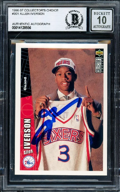 Men's basketball card squad roster -Allen Iverson Autographed 1996-97 Upper Deck Collector's Choice Rookie Card #301 Philadelphia 76ers Auto Grade Gem Mint 10 Beckett BAS Stock #205776