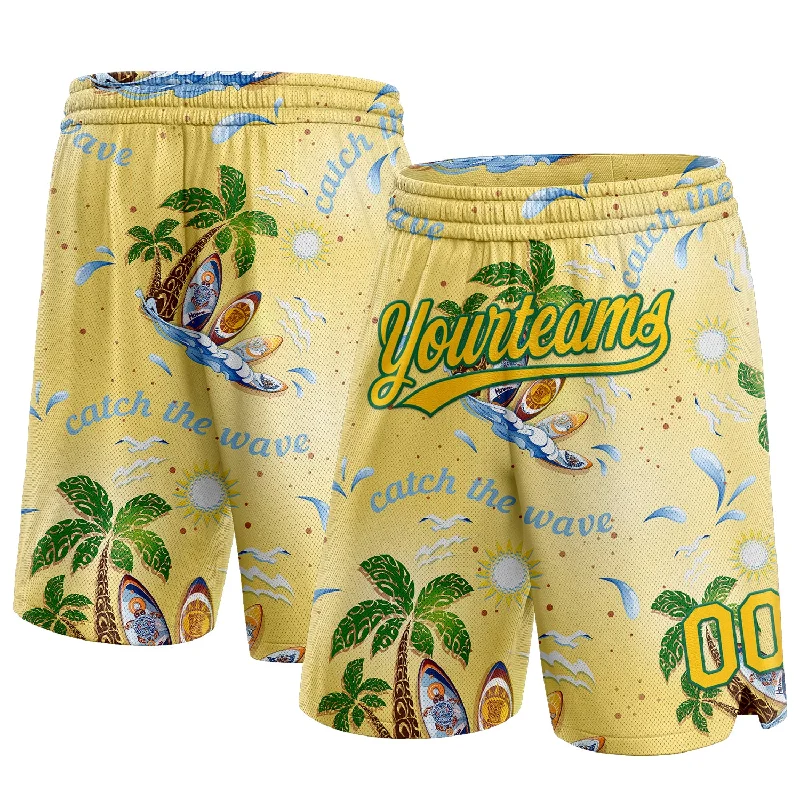 Men's basketball shorts bold-rugged -Custom Yellow Kelly Green 3D Pattern Tropical Beach Hawaii Palm Trees Authentic Basketball Shorts