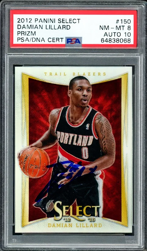 Men's basketball card numbered series -Damian Lillard Autographed 2012 Panini Select Silver Prizm Rookie Card #150 Portland Trail Blazers PSA 8 Auto Grade Gem Mint 10 On Card PSA/DNA #64838068