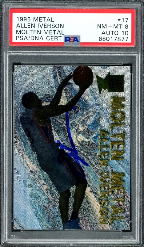 Men's basketball card modern trends -Allen Iverson Autographed 1996-97 Fleer Metal Molten Metal Rookie Card #17 Philadelphia 76ers PSA 8 Auto Grade Gem Mint 10 PSA/DNA #68017877