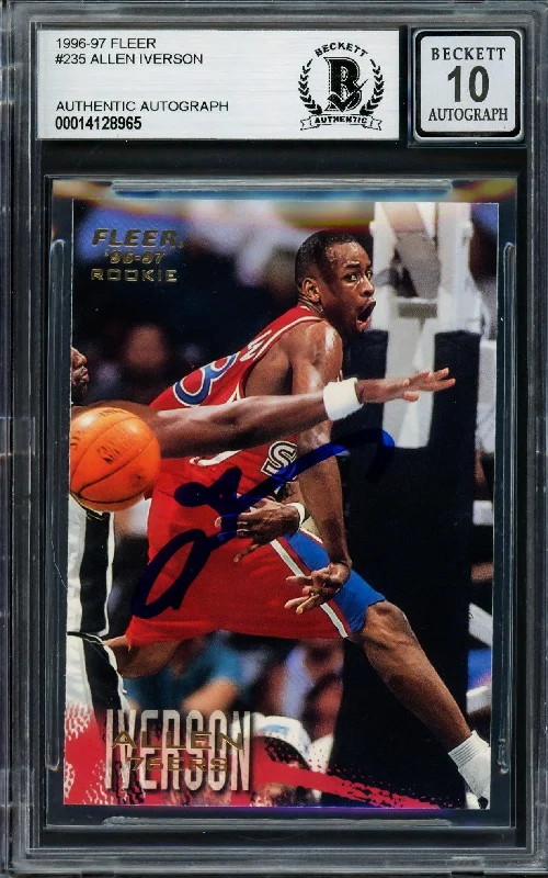 Men's basketball card collector’s item -Allen Iverson Autographed 1996-97 Fleer Rookie Card #235 Philadelphia 76ers Auto Grade Gem Mint 10 Beckett BAS #14128965