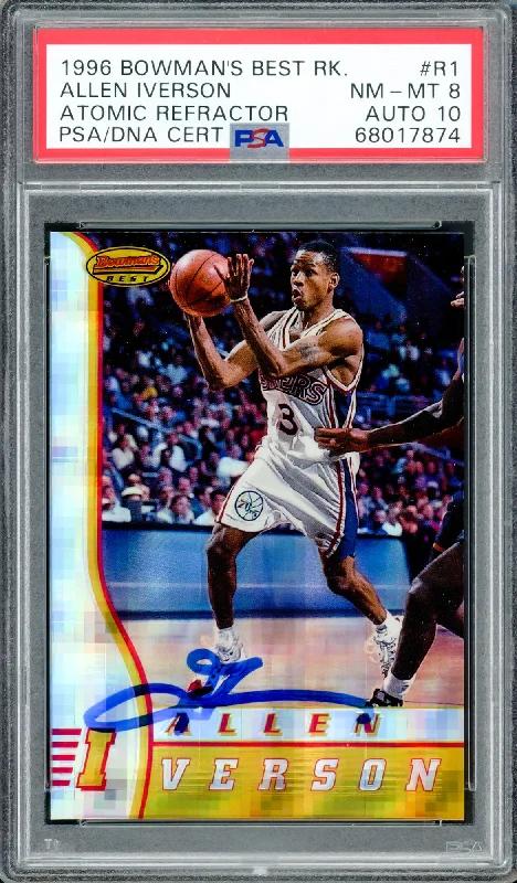 Men's basketball card collectible set -Allen Iverson Autographed 1996-97 Bowman's Best Atomic Refractor Rookie Card #R1 Philadelphia 76ers PSA 8 Auto Grade Gem Mint 10 PSA/DNA #68017874