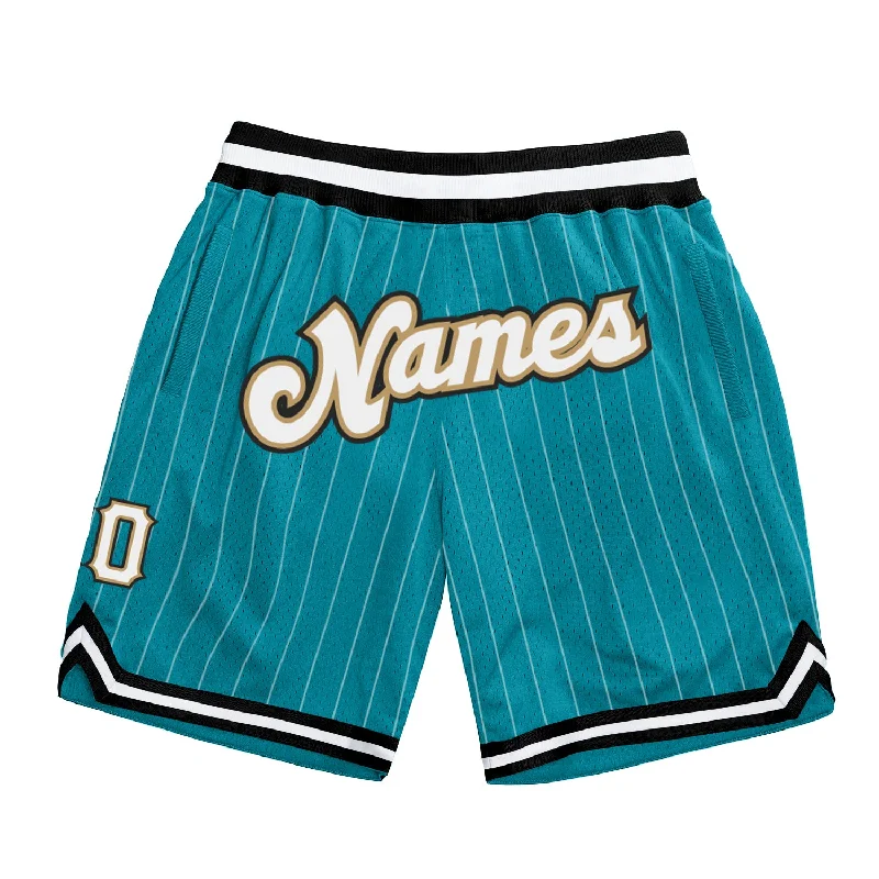 Men's basketball shorts minimal-fit -Custom Teal White Pinstripe White-Old Gold Authentic Basketball Shorts