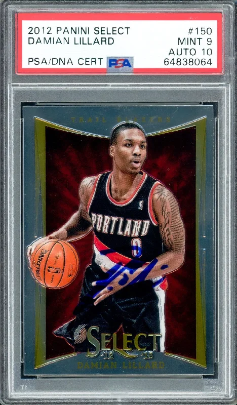 Men's basketball card premium finish -Damian Lillard Autographed 2012 Panini Select Rookie Card #150 Portland Trail Blazers PSA 9 Auto Grade Gem Mint 10 On Card PSA/DNA #64838064