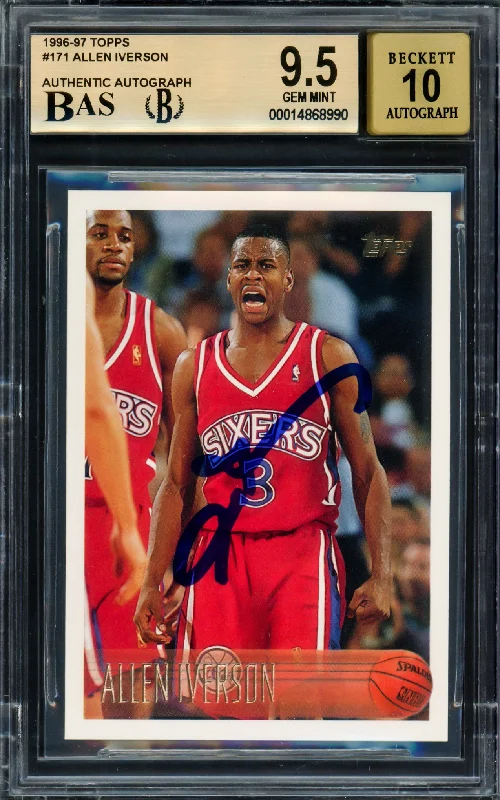 Men's basketball card team collection -Allen Iverson Autographed 1996-97 Topps Rookie Card #171 Philadelphia 76ers BGS 9.5 Auto Grade Gem Mint 10 Beckett BAS Stock #215498