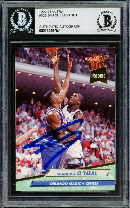 Men's basketball card unique patterns -Shaquille Shaq O'Neal Autographed 1992-93 Fleer Ultra Rookie Card #328 Orlando Magic Beckett BAS Stock #211217