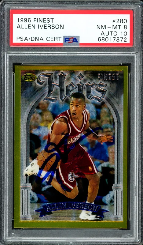 Men's basketball card star player -Allen Iverson Autographed 1996-97 Topps Finest Gold Rookie Card #280 Philadelphia 76ers PSA 8 Auto Grade Gem Mint 10 PSA/DNA #68017872