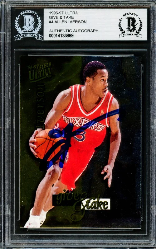 Men's basketball card high-end lineup -Allen Iverson Autographed 1996-97 Fleer Ultra Give & Take Rookie Card #4 Philadelphia 76ers Beckett BAS #14133869