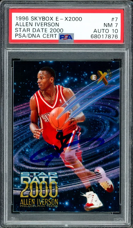 Men's basketball card bulk discount -Allen Iverson Autographed 1996 Skybox E-X2000 Star Date 2000 Rookie Card #7 Philadelphia 76ers PSA 7 Auto Grade Gem Mint 10 PSA/DNA #68017876