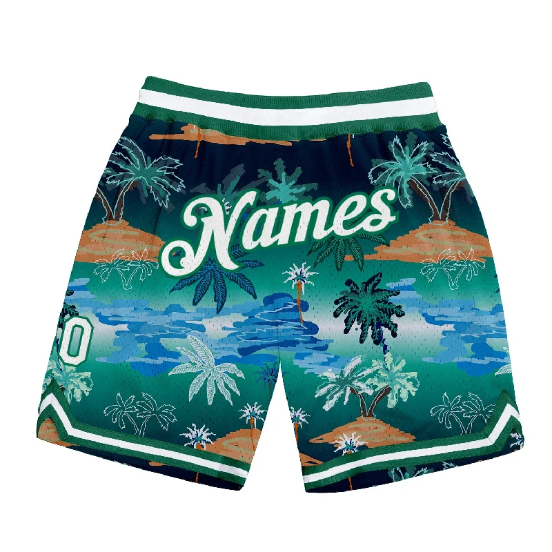 Men's basketball shorts stretch-bold -Custom Kelly Green White-Kelly Green 3D Pattern Design Palm Trees Authentic Basketball Shorts