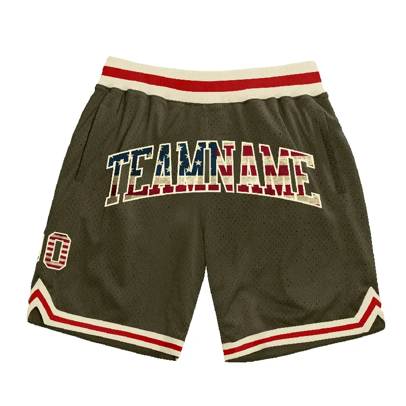 Men's basketball shorts durable-rugged -Custom Olive Vintage USA Flag Cream-Red Authentic Throwback Salute To Service Basketball Shorts