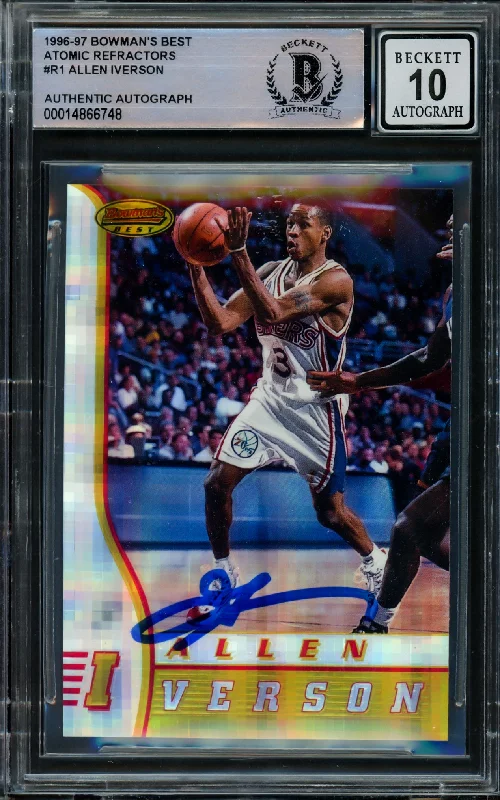 Men's basketball card rugged print -Allen Iverson Autographed 1996-97 Bowman's Best Atomic Refractor Rookie Card #R1 Philadelphia 76ers Auto Grade Gem Mint 10 Beckett BAS #14866748