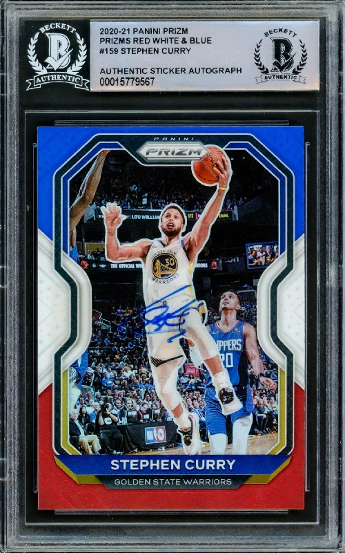 Men's basketball card intense rarity -Stephen Curry Autographed 2020-21 Panini Prizm Red White & Blue Prizms Card #159 Golden State Warriors Beckett BAS Stock #216855