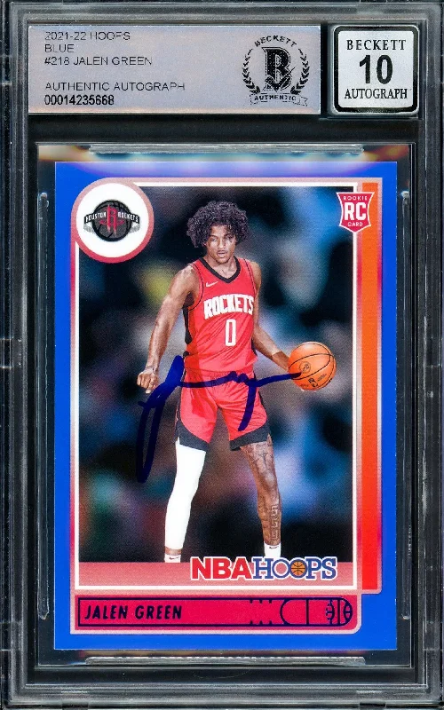 Men's basketball card performance stats -Jalen Green Autographed 2021-22 NBA Hoops Blue Rookie Card #218 Houston Rockets Auto Grade Gem Mint 10 Beckett BAS Stock #205952