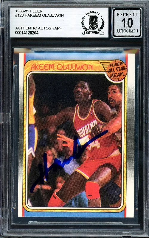 Men's basketball card pro card -Hakeem Olajuwon Autographed 1988-89 Fleer All Star Card #126 Houston Rockets Auto Grade Gem Mint 10 Beckett BAS Stock #205737