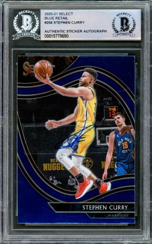 Men's basketball card color variants -Stephen Curry Autographed 2020-21 Panini Select Blue Retail Card #204 Golden State Warriors Beckett BAS #15779650