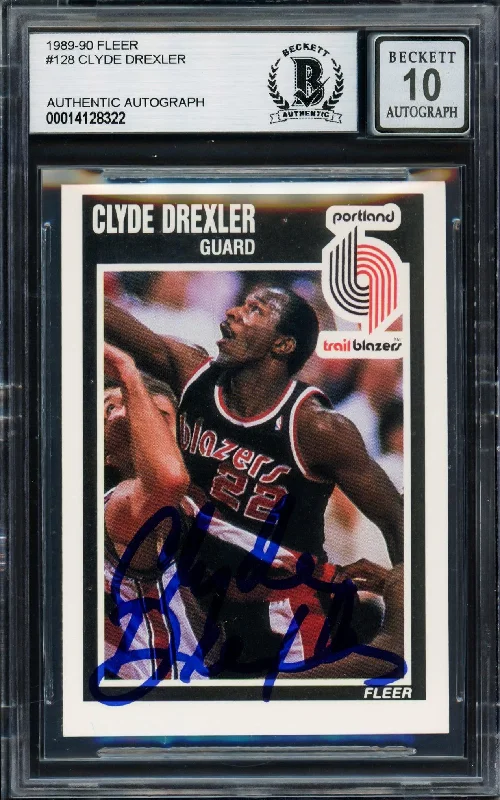 Men's basketball card rugged print -Clyde Drexler Autographed 1989-90 Fleer Card #128 Portland Trail Blazers Auto Grade Gem Mint 10 Beckett BAS #14128322