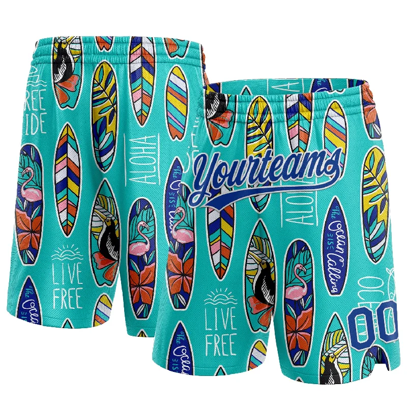 Men's basketball shorts sport-hybrid -Custom Aqua Royal-White 3D Pattern Tropical Hawaii Palm Leaves Beach Surfing Authentic Basketball Shorts