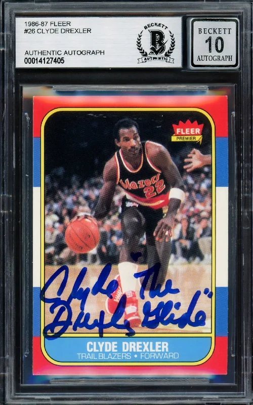 Men's basketball card squad series -Clyde Drexler Autographed 1986-87 Fleer Rookie Card #26 Portland Trail Blazers Auto Grade Gem Mint 10 "The Glide" Beckett BAS #14127405