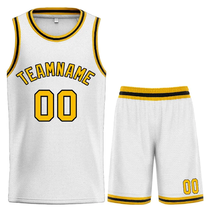 Men's basketball uniform breathable fabric -Custom White Yellow-Black Classic Sets Curved Basketball Jersey