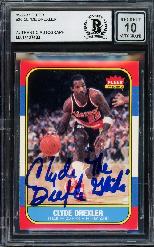 Men's basketball card stylish series -Clyde Drexler Autographed 1986-87 Fleer Rookie Card #26 Portland Trail Blazers Auto Grade Gem Mint 10 "The Glide" Beckett BAS #14127403