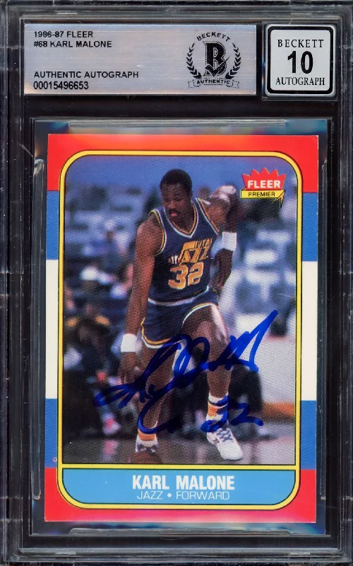 Men's basketball card sport sale -Karl Malone Autographed 1986-87 Fleer Rookie Card #68 Utah Jazz Auto Grade Gem Mint 10 Beckett BAS #15496653